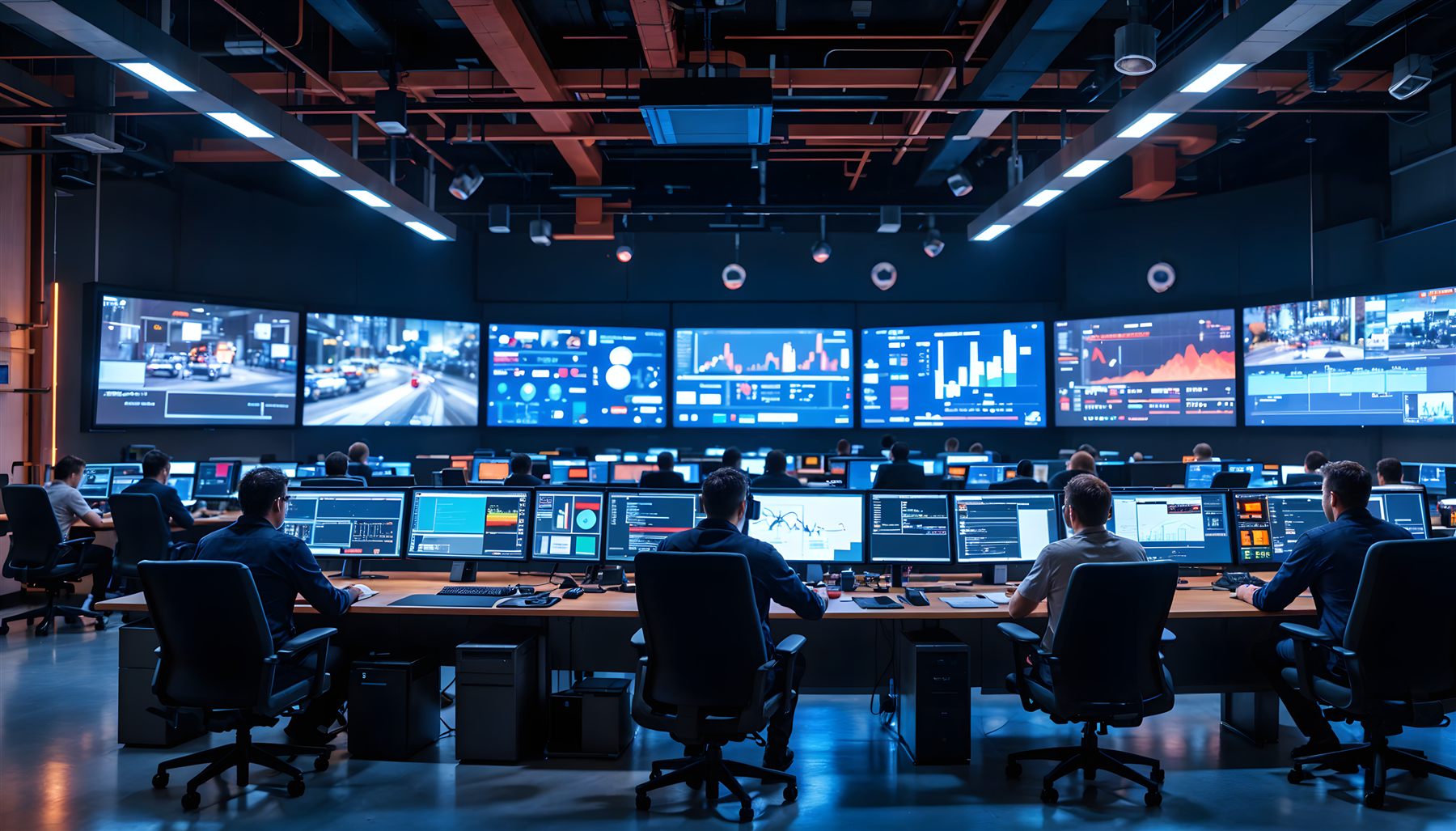 Security operations center with monitoring displays