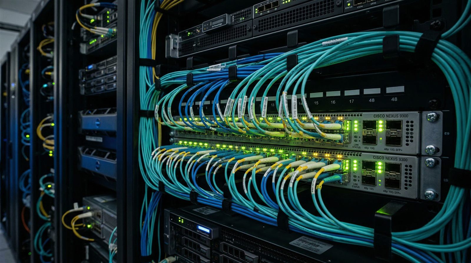 Network switches and fiber cabling in a rack