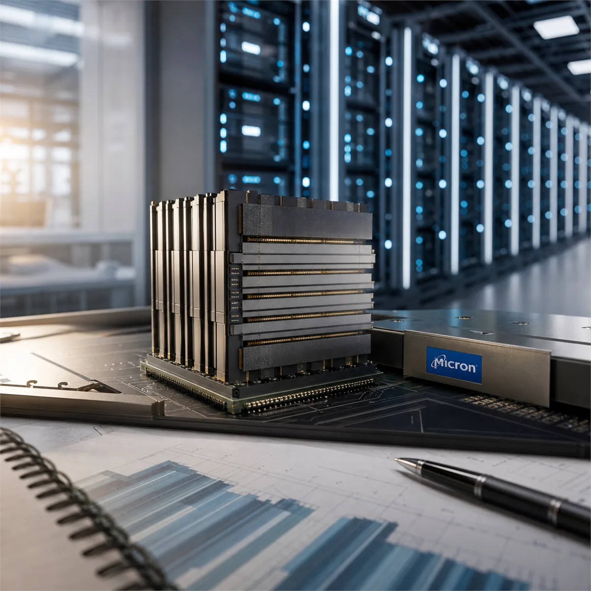 Editorial image of an AI data center memory module supply chain connected to a business planning desk.