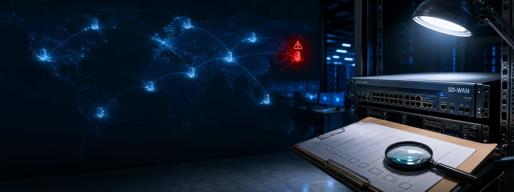 Editorial image of a Cisco SD-WAN network management console under security review with patch evidence and access controls visible.