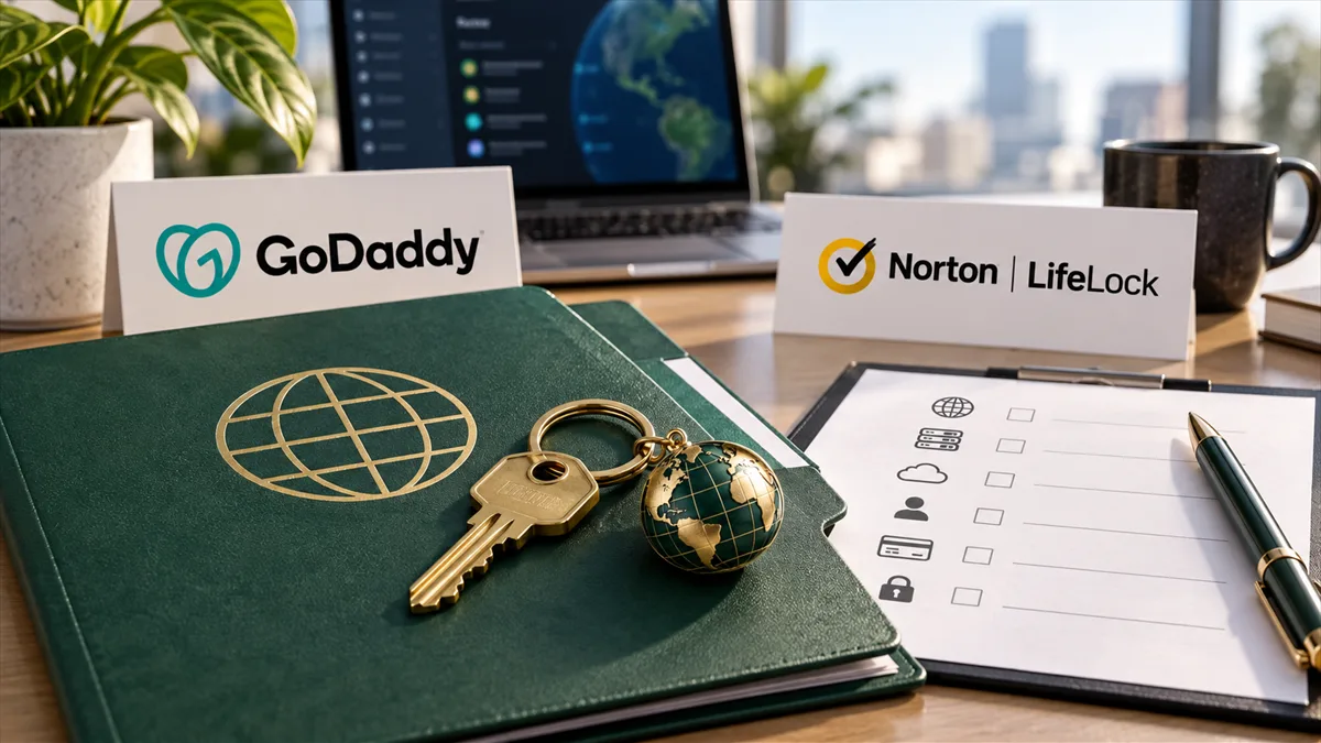 Editorial image of a small business owner reviewing domain, DNS, hosting, and security account ownership on a desk with a laptop and account inventory notes.