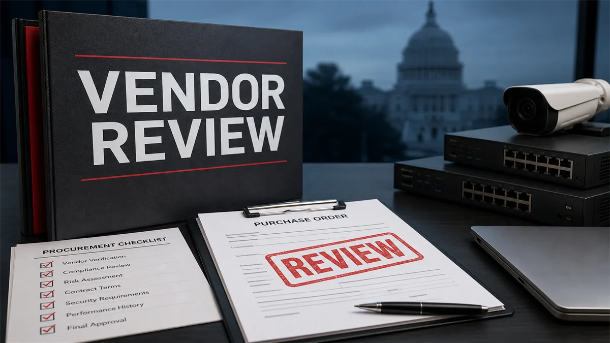 Editorial image of a business owner reviewing a technology vendor approval file against a government restricted-vendor list.