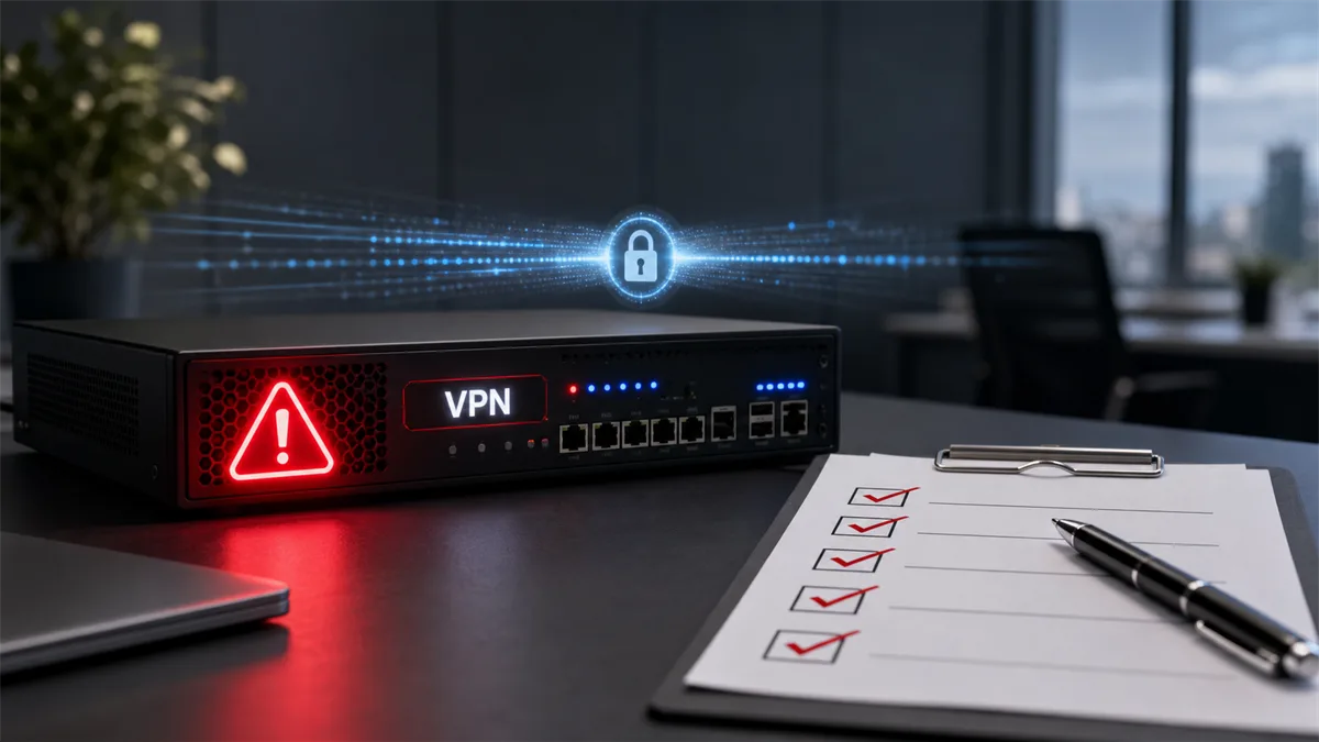 Editorial image of a business owner reviewing a VPN gateway risk alert and remote access approval checklist.