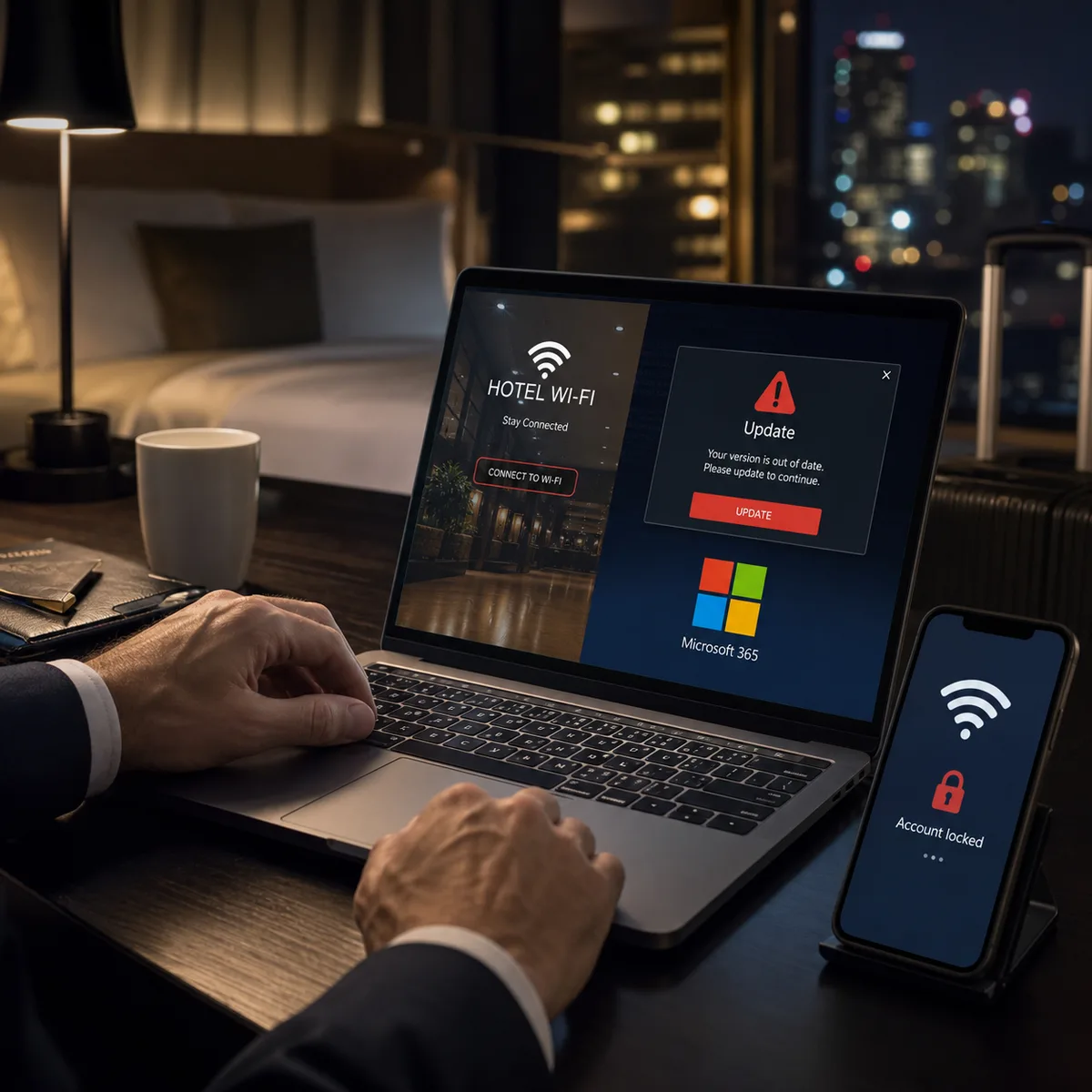 Business traveler reviewing a suspicious hotel Wi-Fi captive portal and Microsoft 365 access warning.