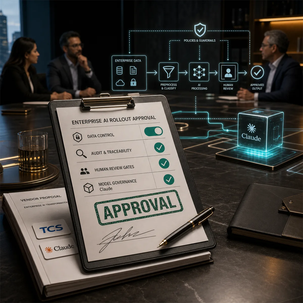 Editorial image of a business owner reviewing an AI rollout approval board with Claude and TCS partnership signals, data controls, audit checks, and vendor accountability.