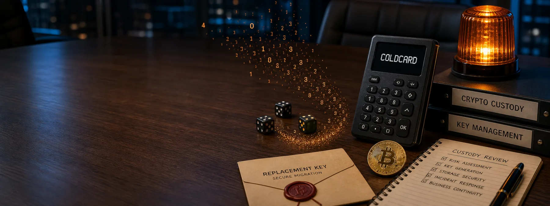 Editorial image of a hardware wallet, Bitcoin custody records, and a warning signal about random-number generation risk.