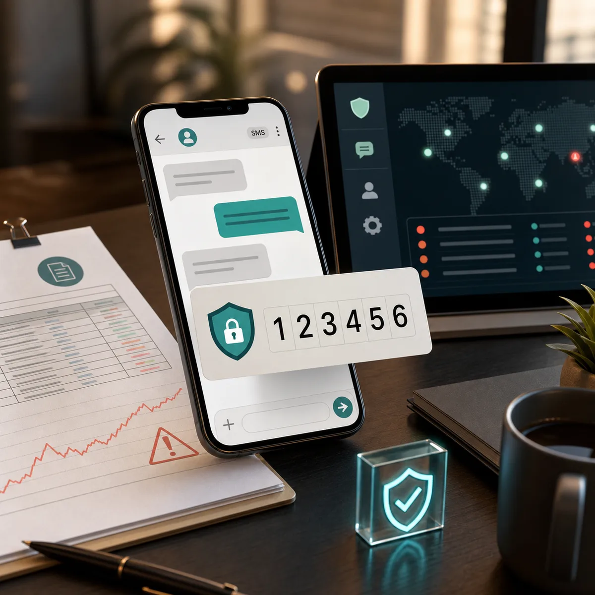 Business messaging fraud review showing customer text alerts, one-time passcodes, and monitoring controls on a professional operations desk