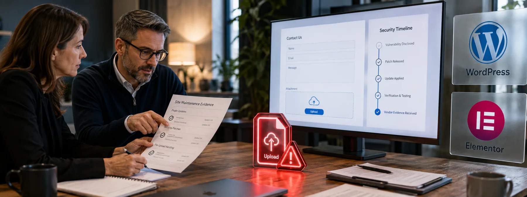 Editorial image of a WordPress website form under security review, with plugin icons, uploaded-file warnings, and a business owner reviewing vendor evidence.