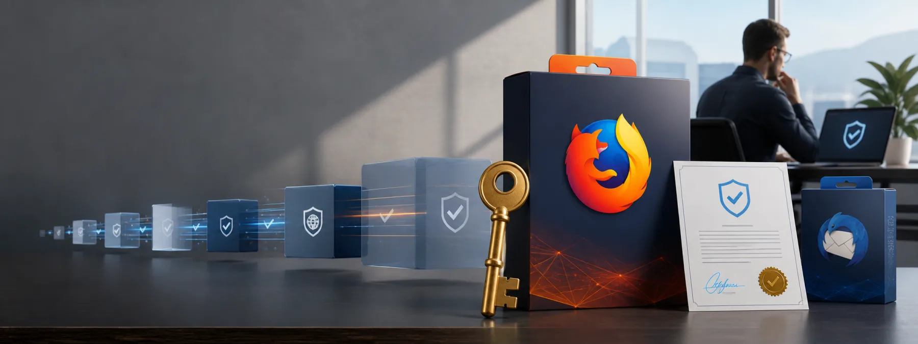 Editorial image of a Firefox browser update and signing key being verified before software deployment.
