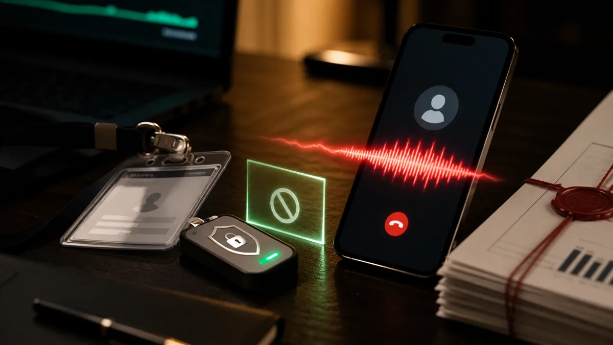 A business phone call under verification review with access controls and financial records in the background.