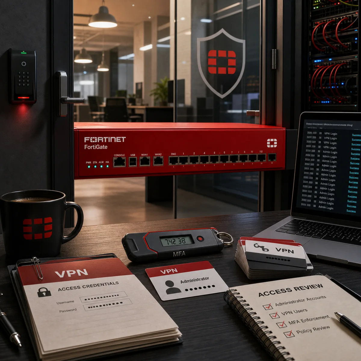 Editorial image showing Fortinet-style firewall and VPN access credentials under review with a perimeter security front-door metaphor.