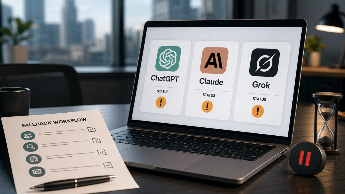 Editorial image of AI service status cards for ChatGPT, Claude, and Grok going quiet while a business continuity plan remains on the desk.