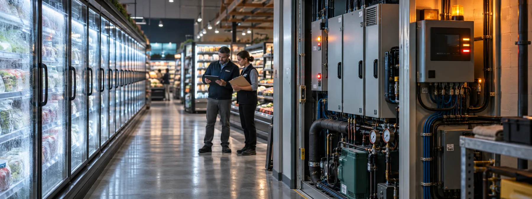 Editorial image showing connected refrigeration control systems under review after a cyberattack disrupted store operations.