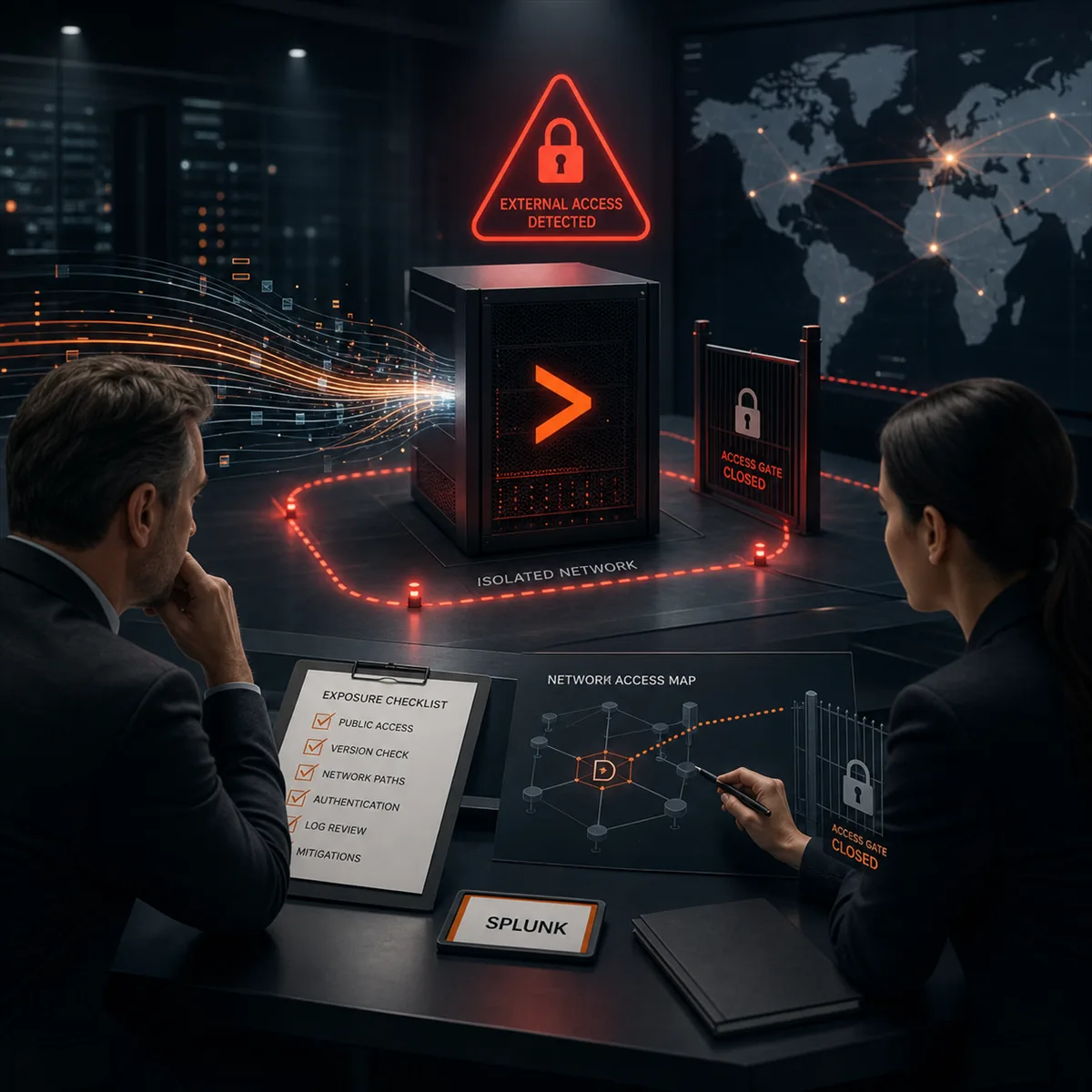 Editorial image of a business owner reviewing Splunk monitoring platform exposure and version proof.