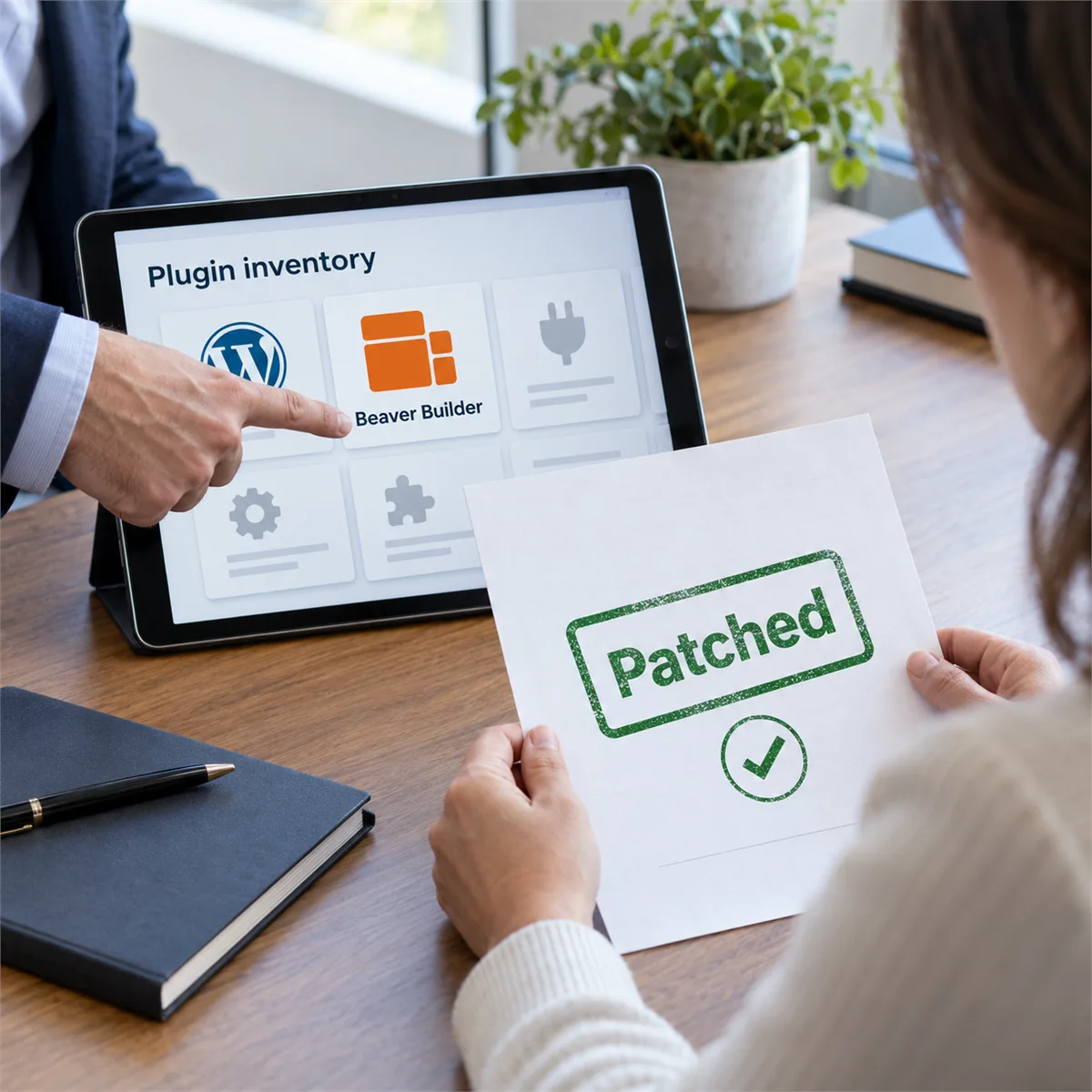 A business owner reviews a WordPress website plugin inventory with a highlighted Beaver Builder patch record.