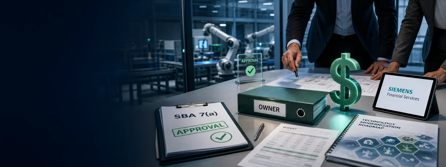 Business owner reviewing financed technology project plans before approving automation and AI spending.
