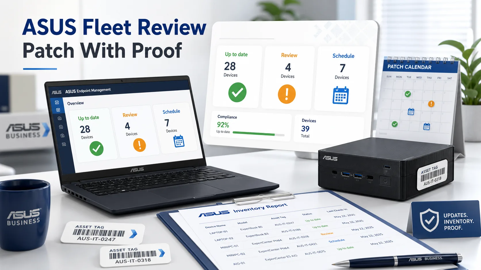 ASUS business laptops on an office desk with endpoint inventory and update status visuals.