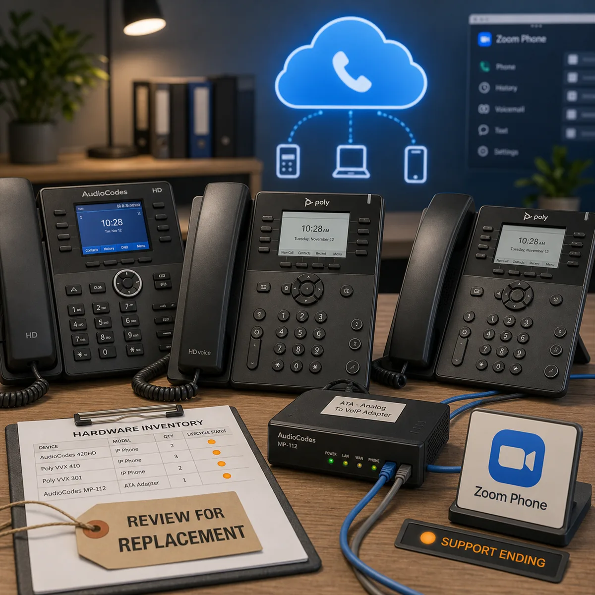 Editorial image of aging office desk phones and cloud calling hardware marked for lifecycle review.