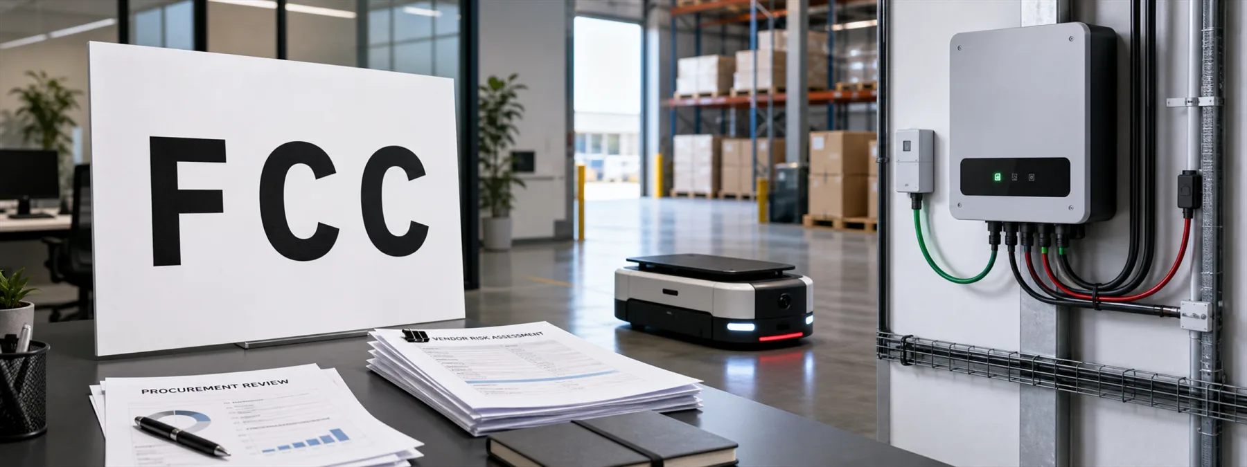 Editorial image showing connected robots and power inverters under an FCC vendor risk review.