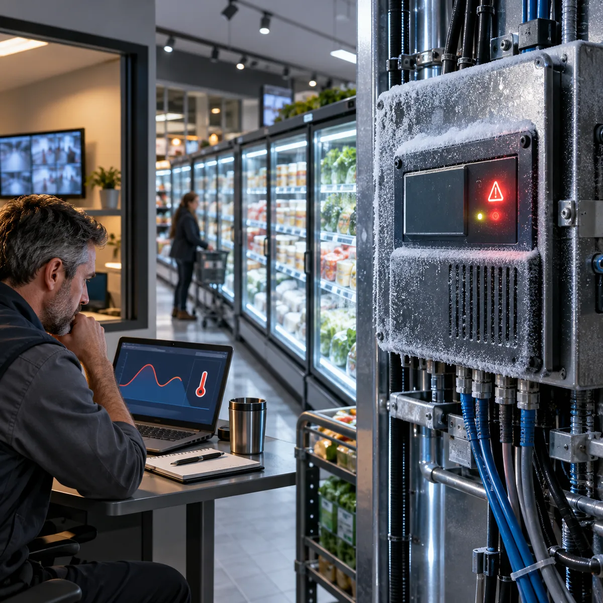 Editorial image showing connected refrigeration control systems under review after a cyberattack disrupted store operations.