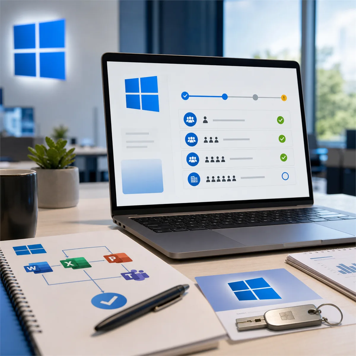 A business owner and IT provider review a Windows update testing plan beside Office workflow and BitLocker recovery indicators.