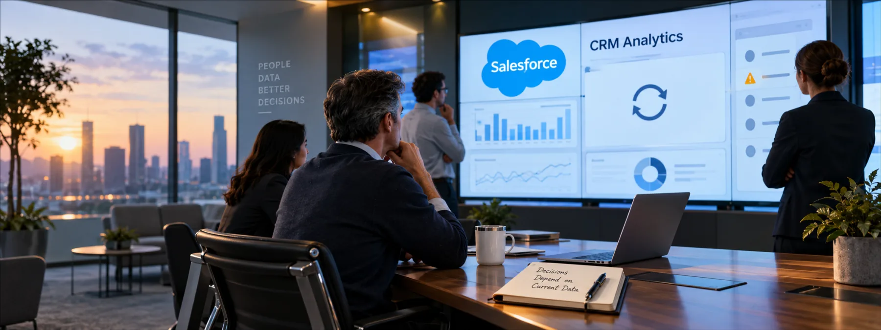 Editorial image of Salesforce CRM Analytics dashboards and stalled reporting workflows on a business operations desk.