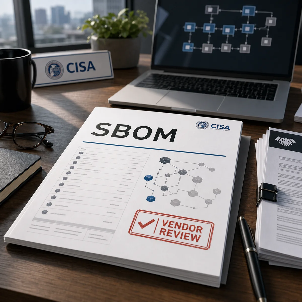 Editorial image of a business owner reviewing a software bill of materials and vendor inventory evidence.