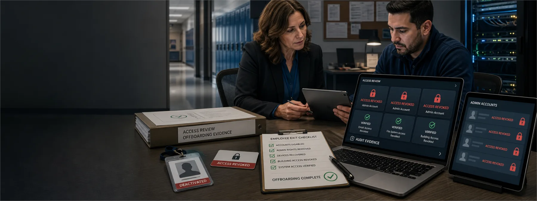 Editorial image showing a school administrator reviewing locked IT access accounts after an employee departure