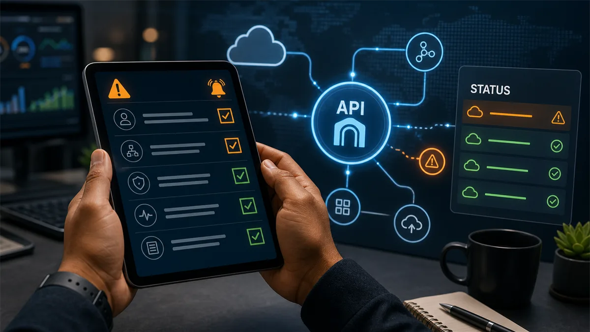 Editorial image showing a business owner reviewing a SaaS vendor status incident and API platform monitoring signals.