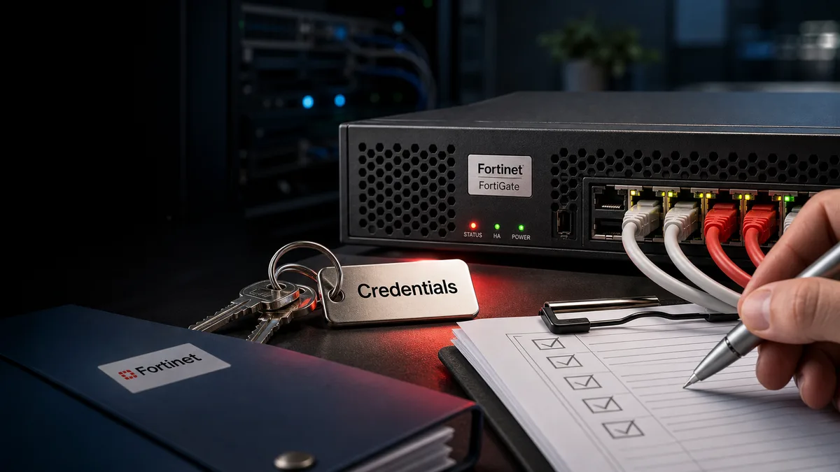 Editorial image showing a business firewall and VPN credential review with provider evidence, access logs, and remediation notes.