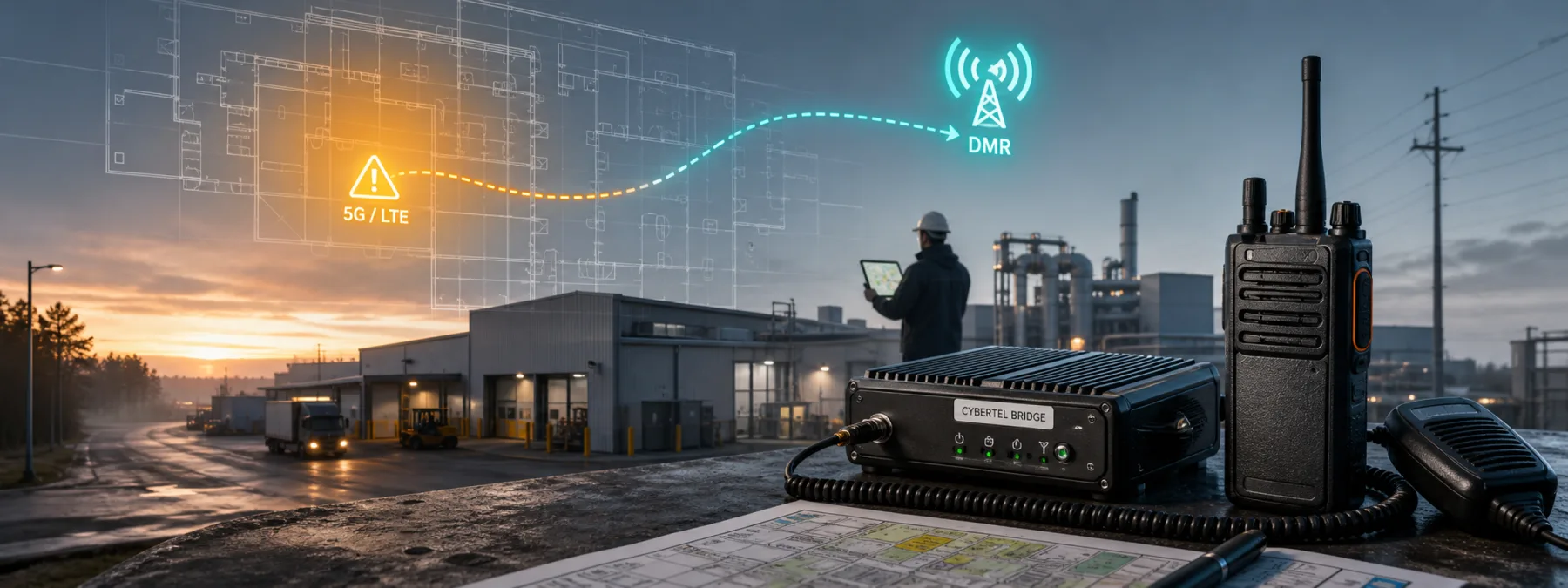 Editorial image of field communications switching between broadband and radio fallback during a coverage gap.