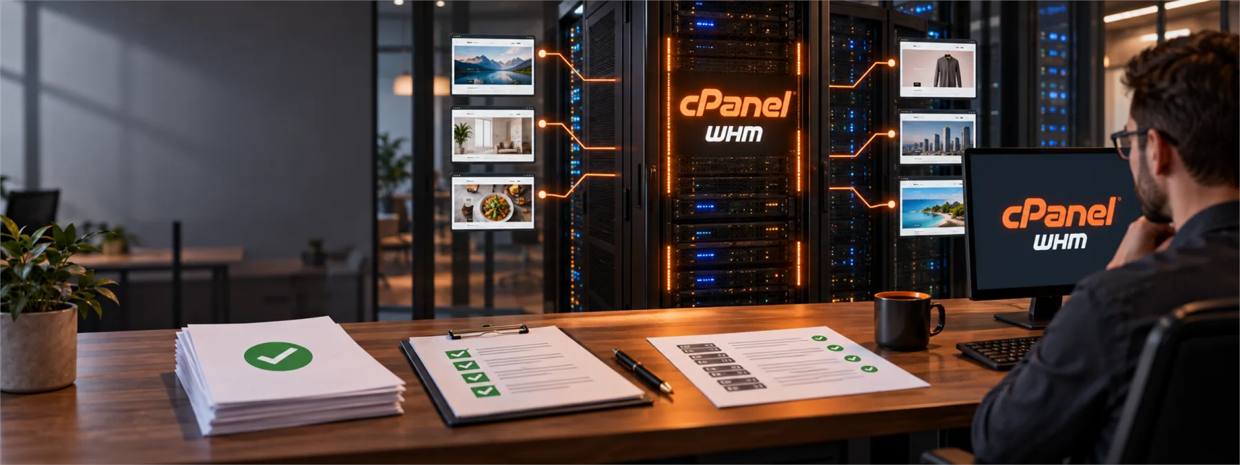Editorial image of a business website hosting control panel review with cPanel and WHM signals, shared server hardware, and patch evidence.