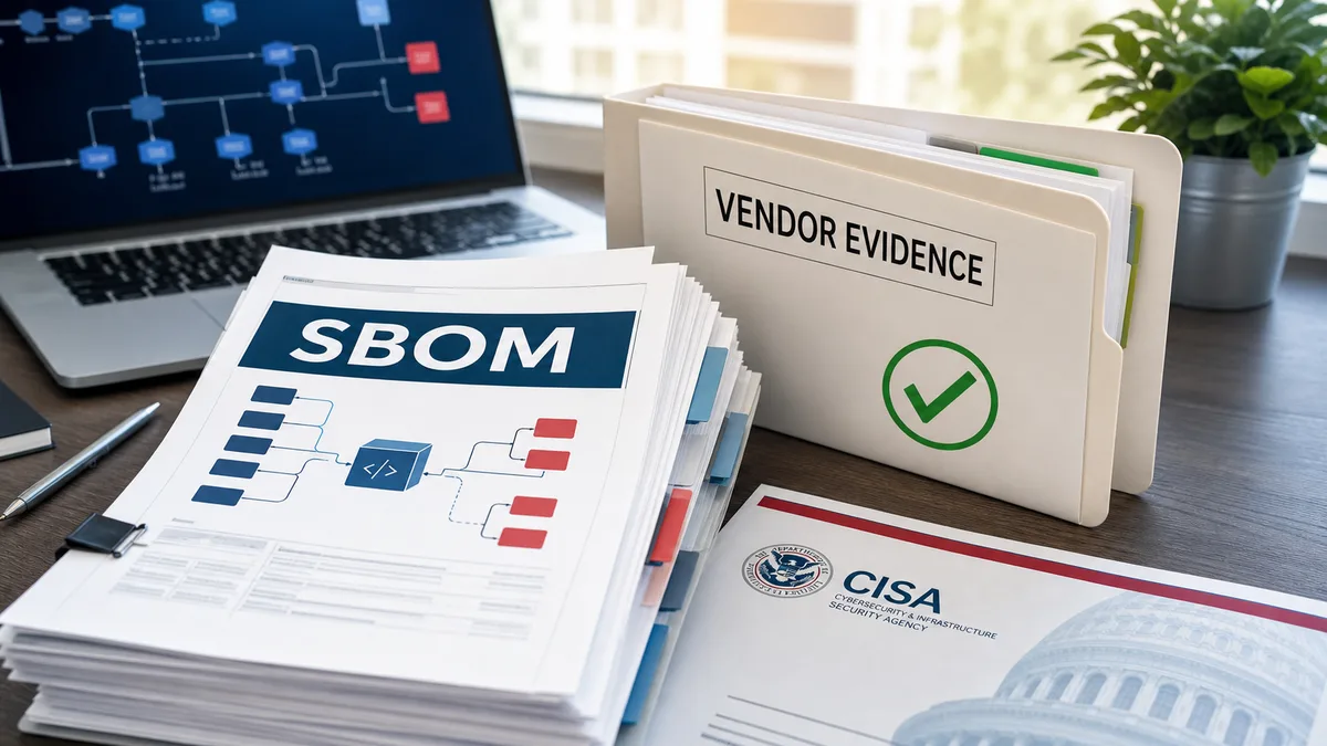 Editorial image of a business owner reviewing a software bill of materials and vendor inventory evidence.