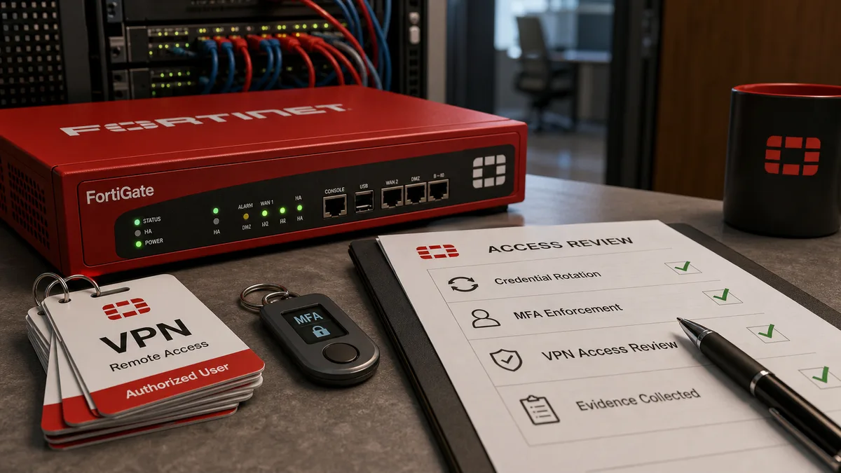 Editorial image showing Fortinet-style firewall and VPN access credentials under review with a perimeter security front-door metaphor.