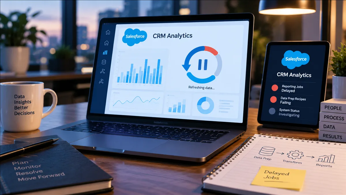 Editorial image of Salesforce CRM Analytics dashboards and stalled reporting workflows on a business operations desk.