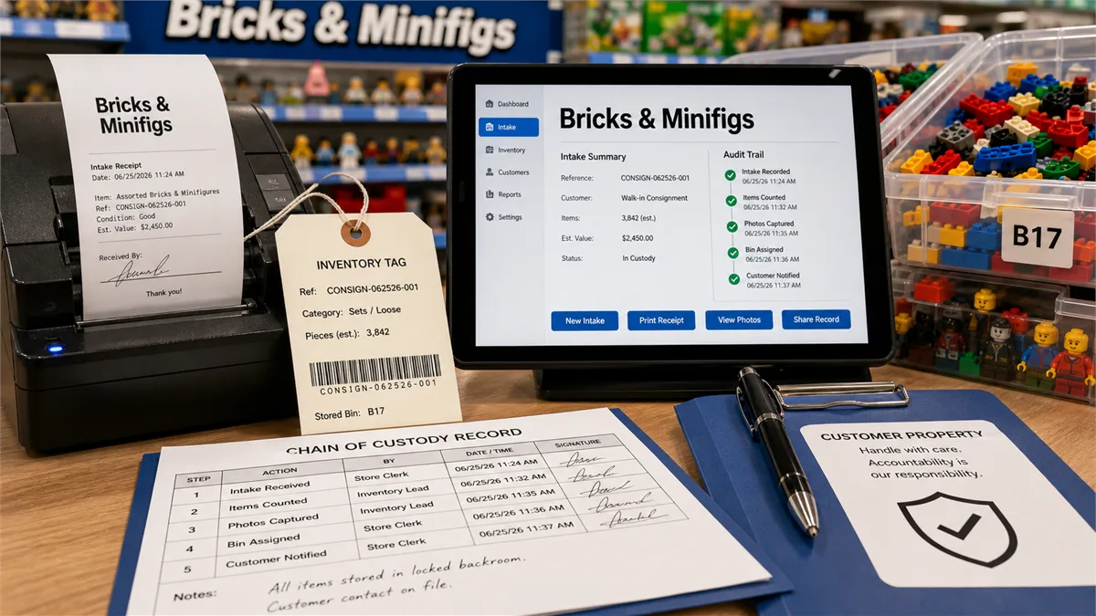 Editorial image showing Bricks & Minifigs signage, boxed toy bricks, inventory records, and a business owner reviewing custody documentation