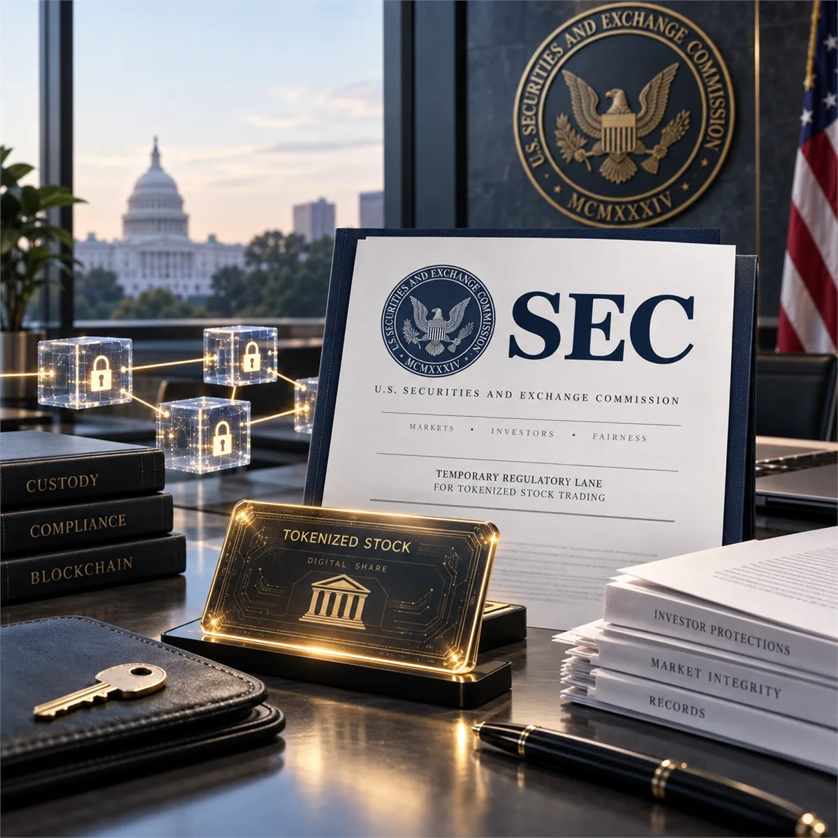 Editorial image of an SEC-style document, blockchain trading nodes, and finance records representing tokenized stock compliance review.