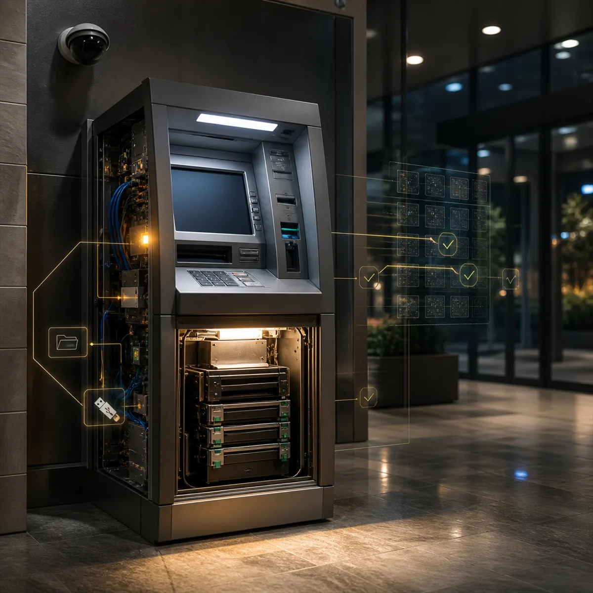 Editorial image of an ATM being reviewed as a managed IT asset with physical access, malware, and audit trail signals.