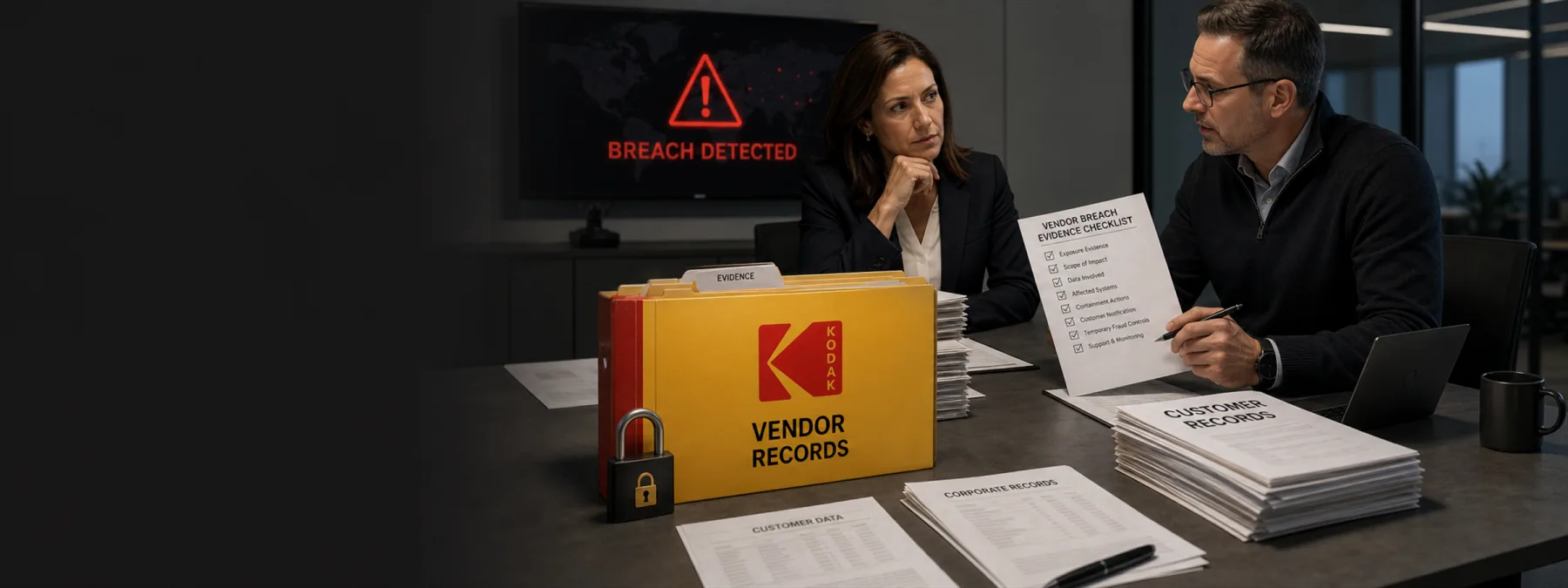 Business owner reviewing customer exposure evidence after a vendor data breach claim.