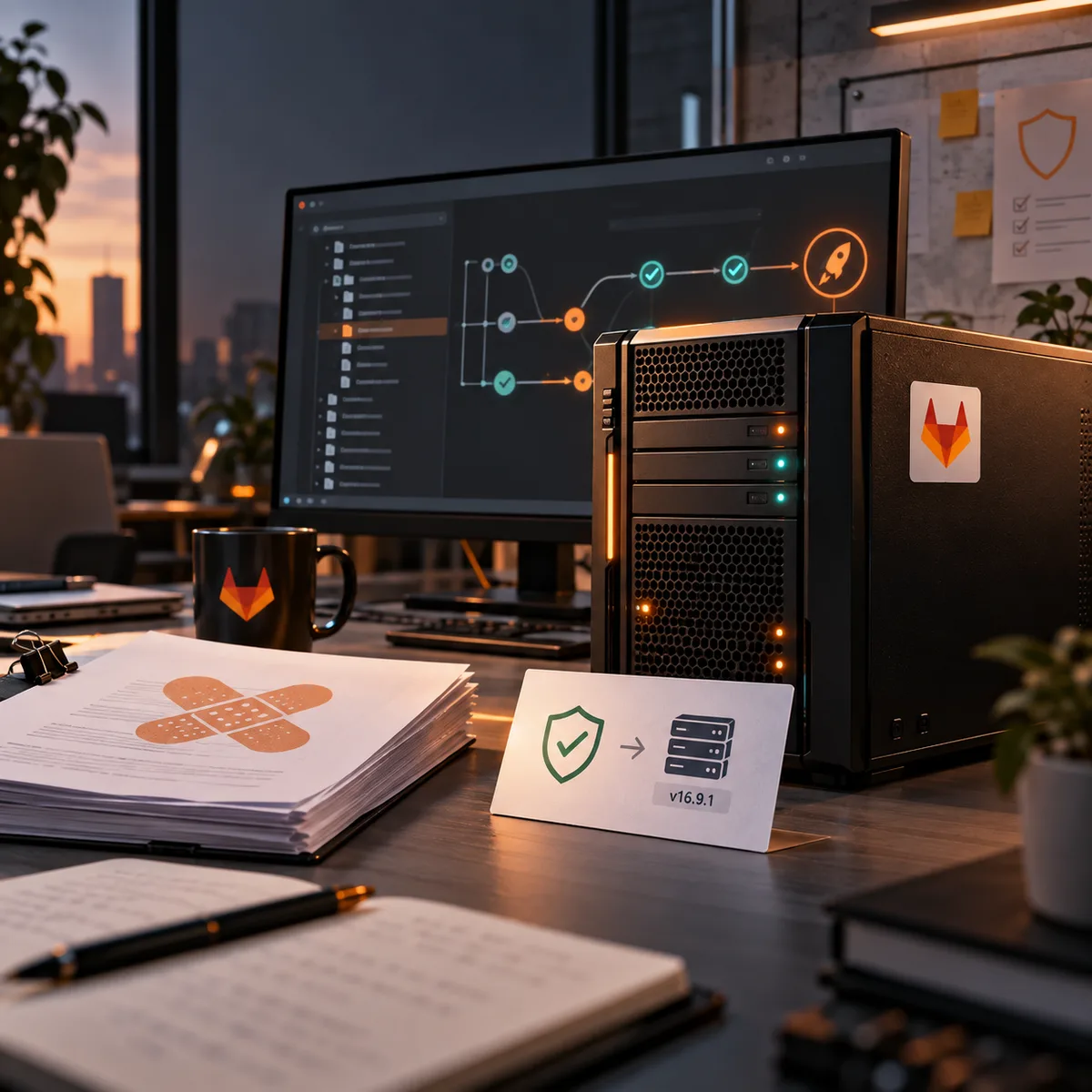 Editorial image showing a GitLab self-managed code platform patch review with deployment pipeline evidence.
