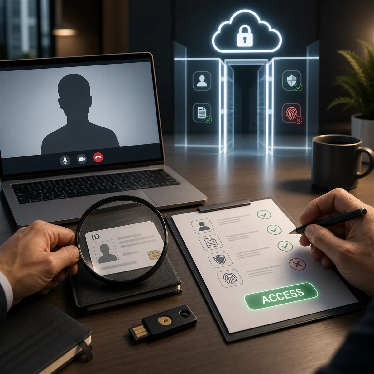 Editorial image about remote contractor identity verification and technical access review.
