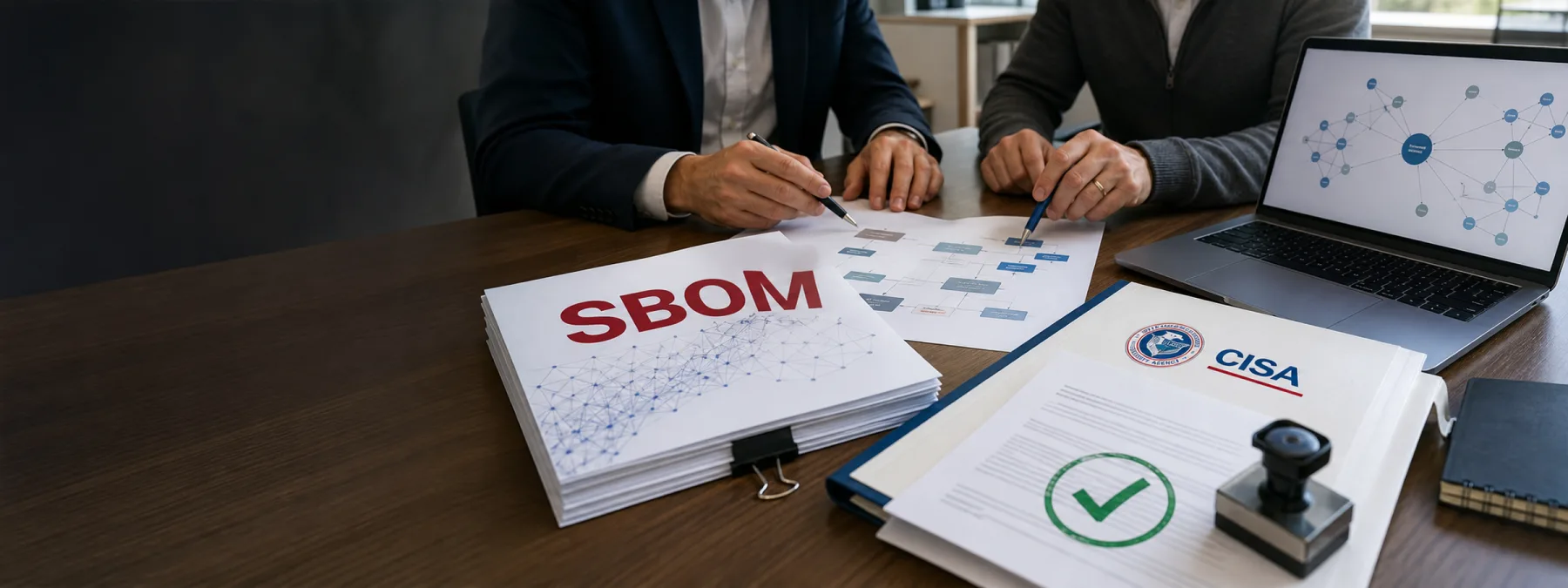 Editorial image of a business owner reviewing a software bill of materials and vendor inventory evidence.