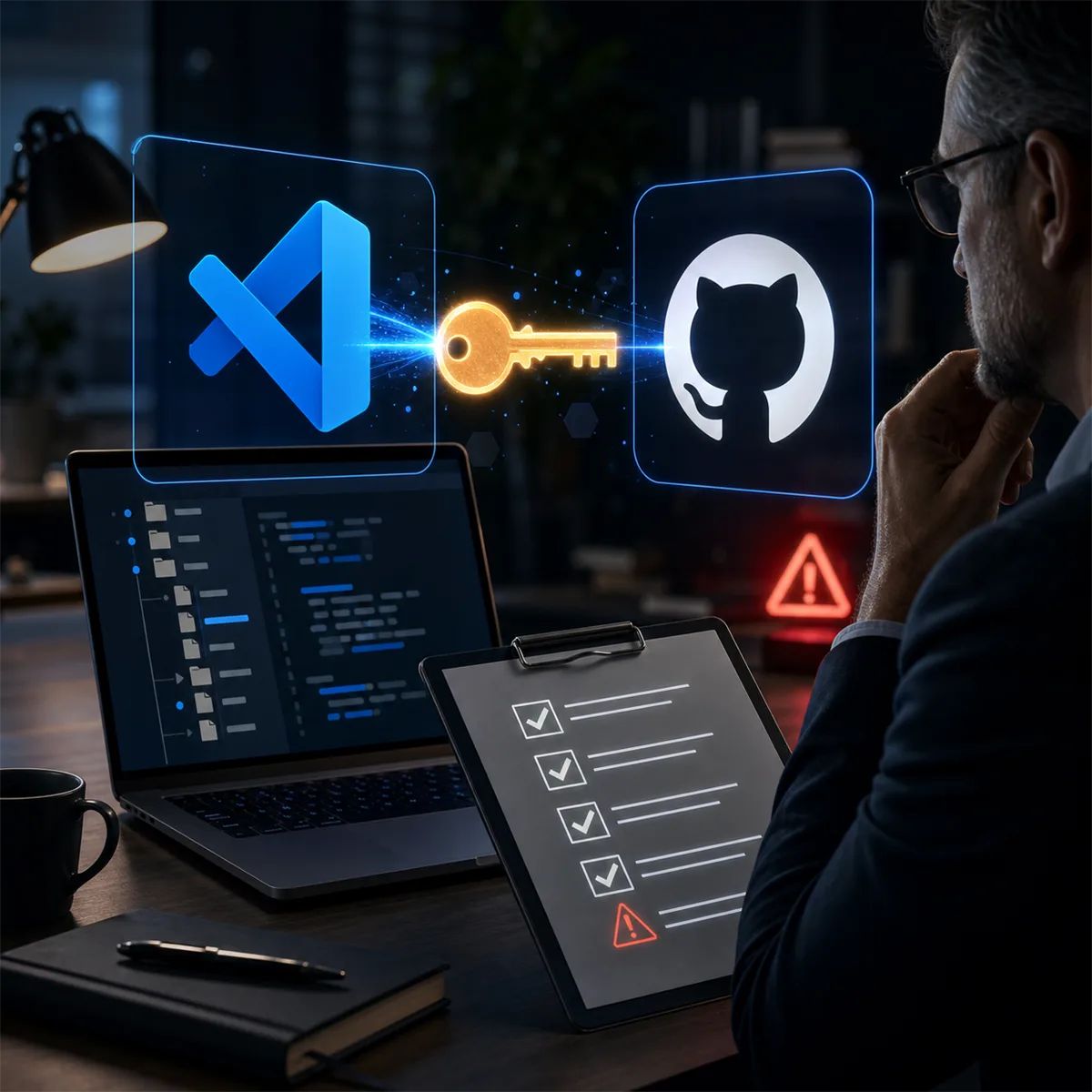 Business owner reviewing GitHub source-code access, developer tools, and token permissions after a VS Code security report.
