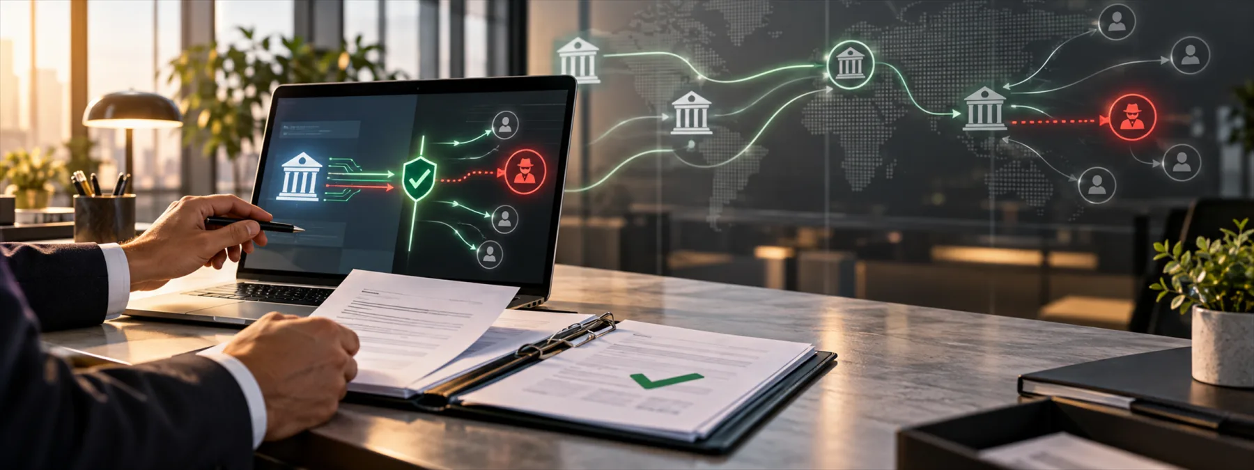 Editorial image showing a small business payment approval desk reviewing suspicious money transfers and vendor bank-change requests.