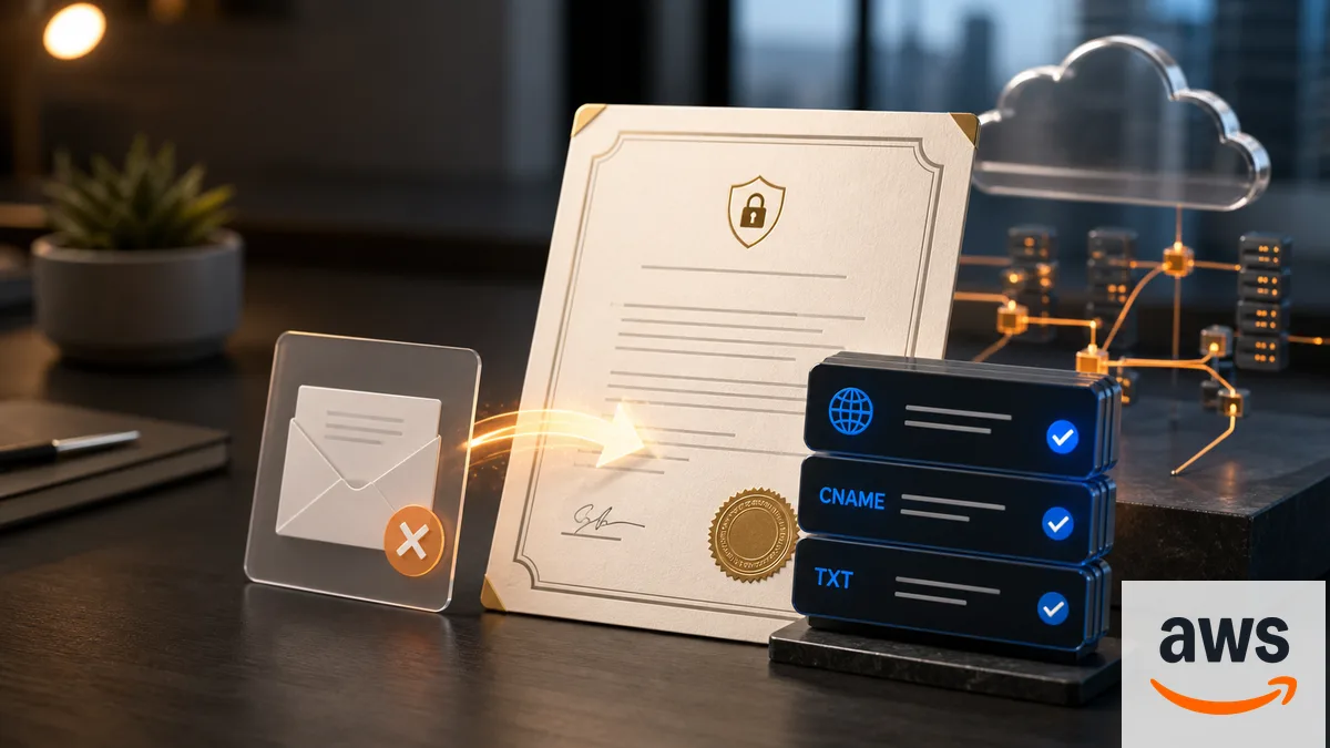 Editorial image of AWS certificate renewal moving from email approval to DNS validation ownership.