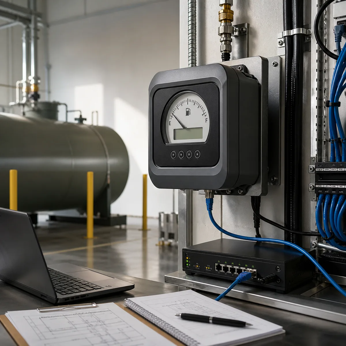 Editorial image of a fuel tank gauge and network equipment being reviewed for internet exposure and segmentation.