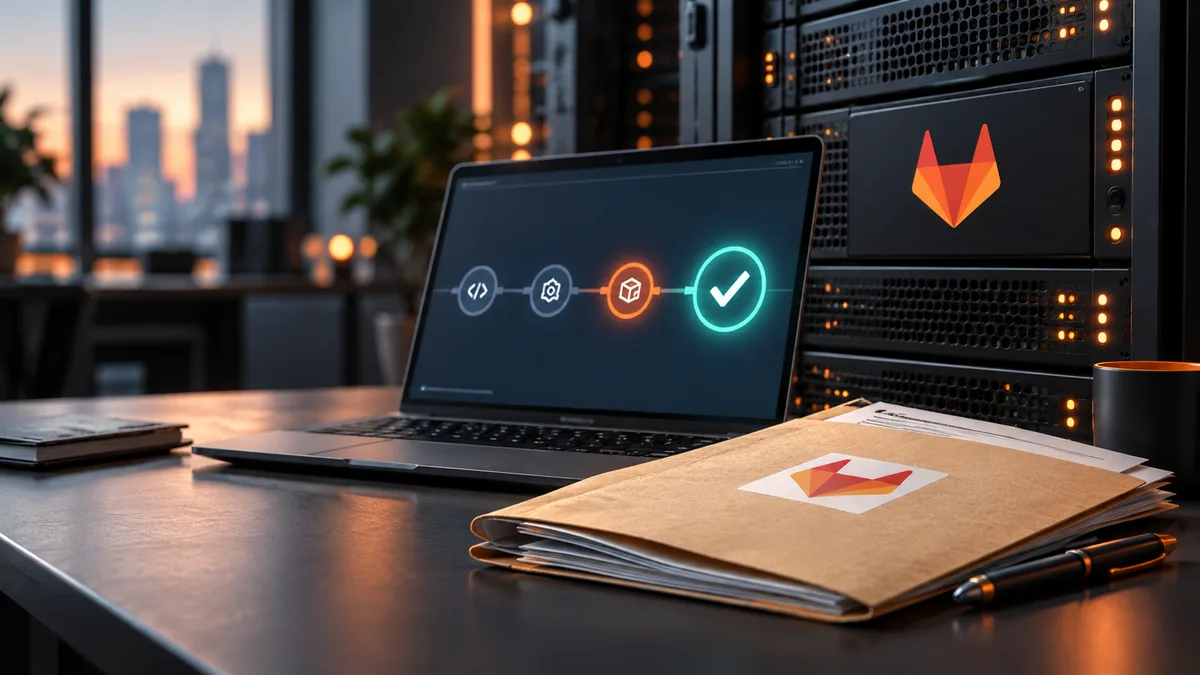 Editorial image showing a GitLab self-managed code platform patch review with deployment pipeline evidence.