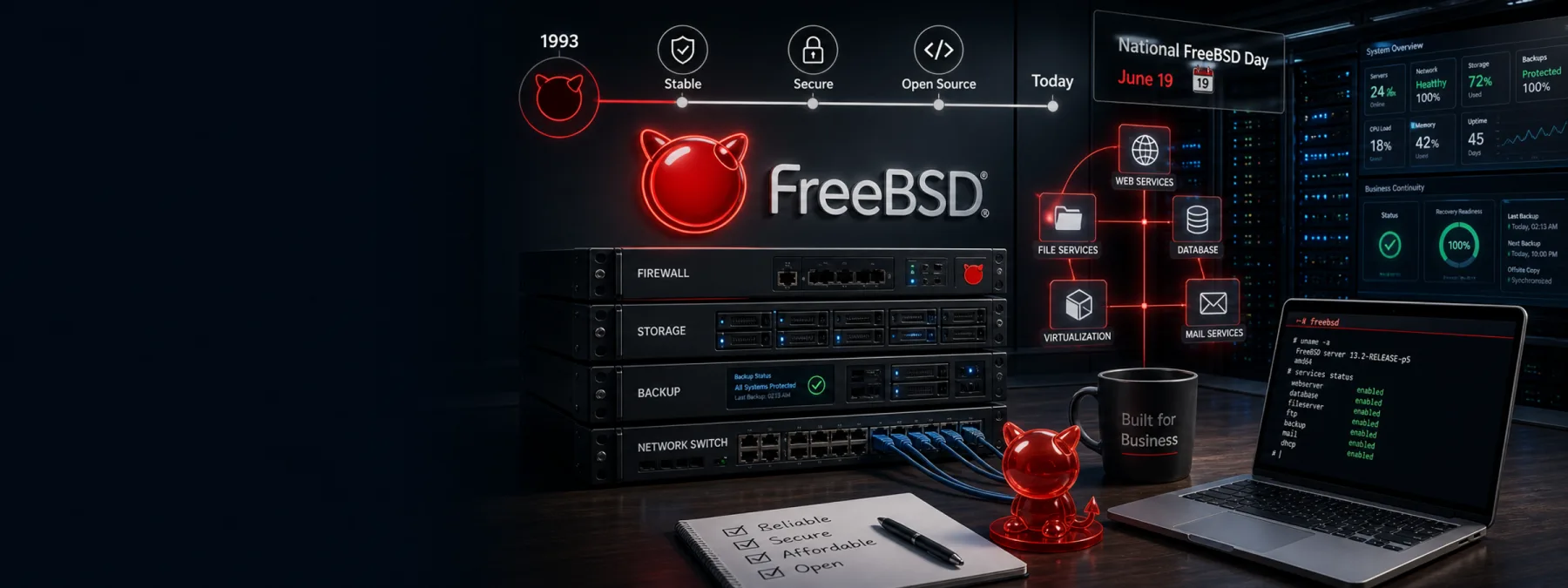 Editorial image for National FreeBSD Day showing reliable open-source infrastructure supporting small business systems