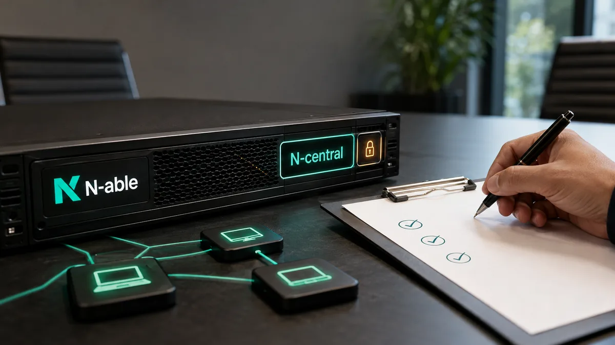 Editorial image of an MSP remote management console under review after an N-able N-central hotfix