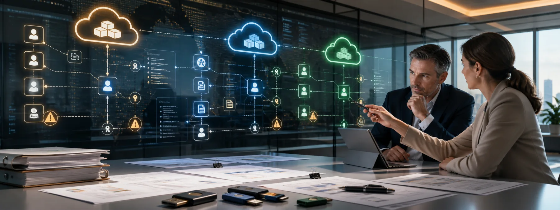 Editorial image of cloud access settings, identity keys, service accounts, and logging evidence under business review.